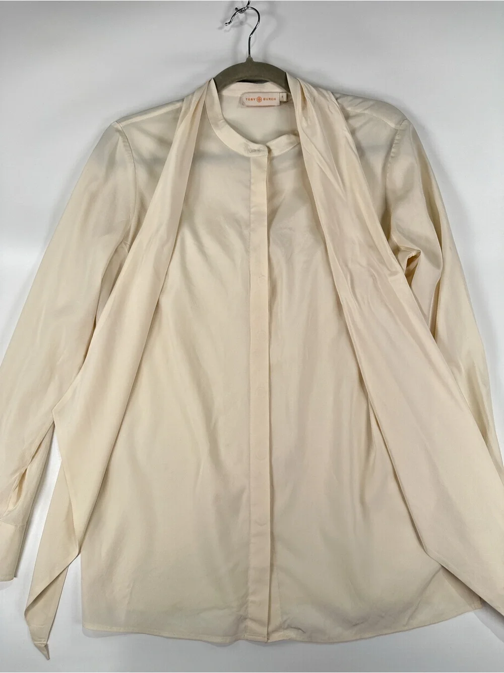 Tory Burch Tie Neck Blouse Hidden Placket Stretch Silk Cream 6